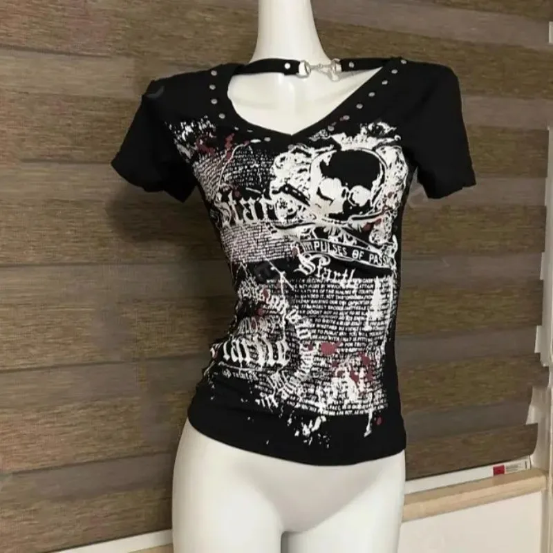 Subculture Tunic Tshirt See Through Sexy T-shirts Y2k Women T Shirts Print Slash Neck Short Sleeve Tees Ropa Mujer Off Shoulder