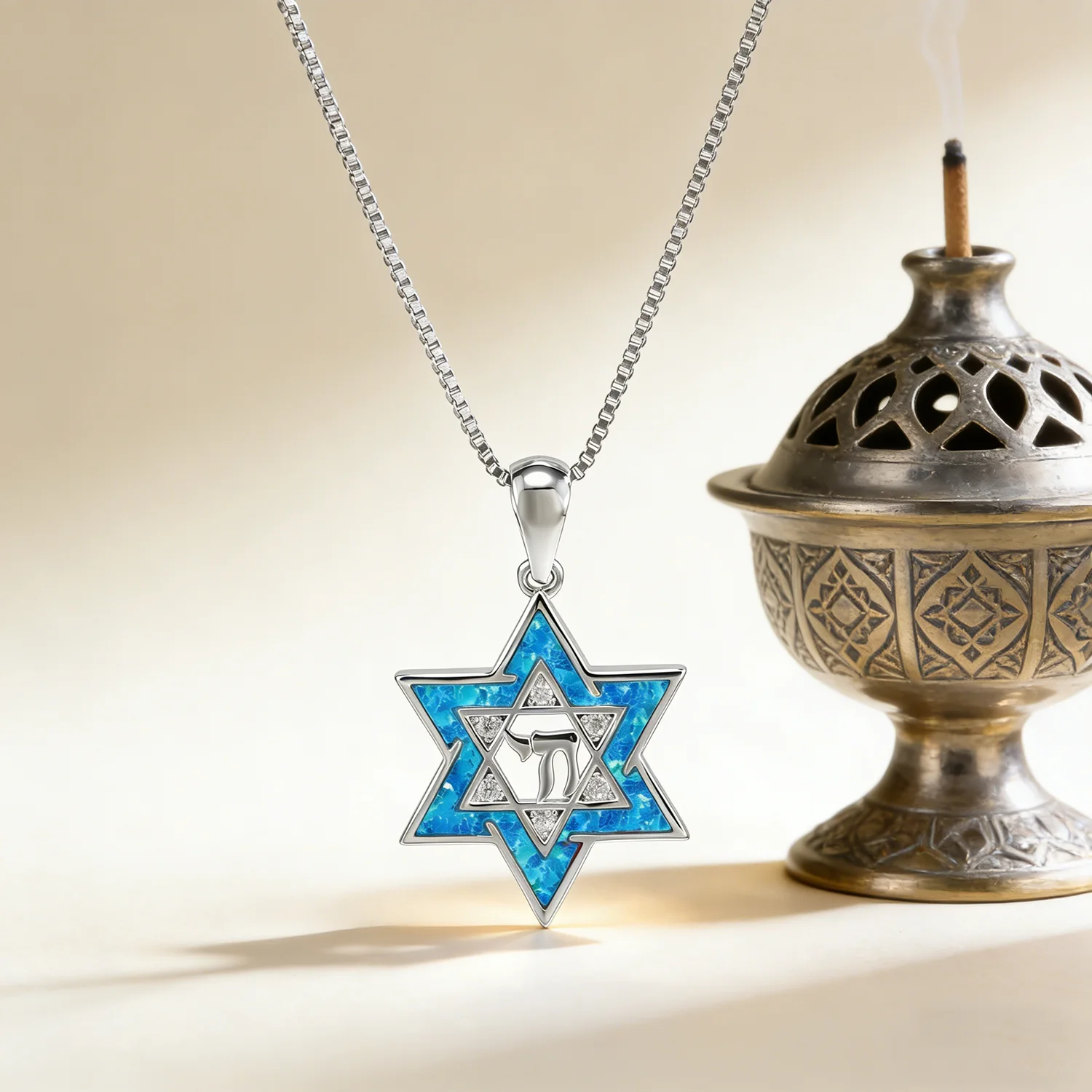 Charms Star of David Hebrew Blue Opal Zircon Pendant Necklace Spiritual Religious Perfect Gift for Hanukkah/Birthday/Anniversary