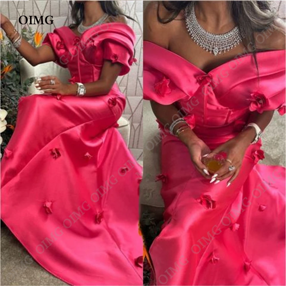 

OIMG Luxury Red Flowers Prom Dresses Dubai Side Split Off the Shoulder Saudi Arabic Women A-Line Long Evening Party Gowns