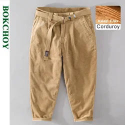 Winter New Soft Cotton Vintage Corduroy Mens Pants Straight Belt All Match Casual Joggers Streetwear Trousers F7609