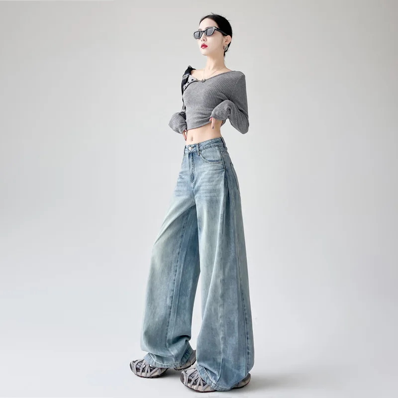 

Women Wide Leg Pants Jeans Denims High Waist Floor Length Washed Vintage Pockets Distressed Streetwear Female Straight Trousers