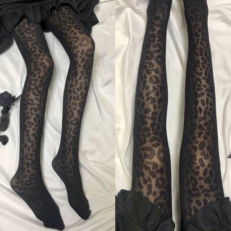 Women Summer Sexy Thin Black Pantyhose Vintage Leopard Animal Printed Jacquard Sheer Tights Stockings Cosplay Party Lingerie