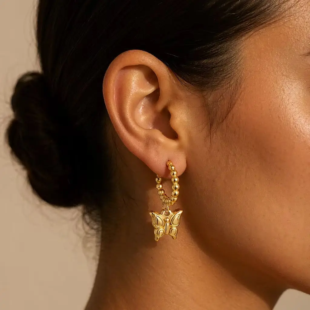 Stainless Steel Beaded Hoop Butterfly Dangle Earrings Gold Color Puffy Butterfly Charm Drop Earrings for Women Fashion Jewelry