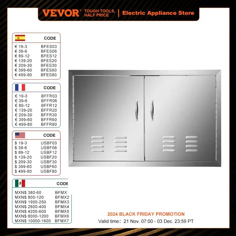 

VEVOR Multi-Size Outsides Kitchen Door Stainless Steel with Ventilation Waterproof Storage Cabinet Durable Safe for BBQ Island