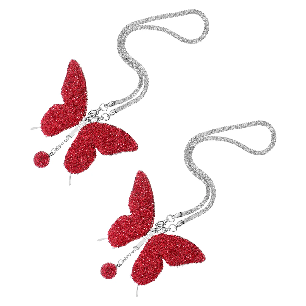 2Pcs Car Rearview Mirror Decor Rhinestone Butterfly Pendant Hanging Ornament Universal Car Interior Decoration