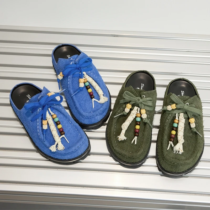 Women's Genuine Leather Non-Slip Half Slippers - Retro Casual Fit