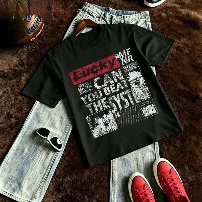 2026New Newspaper Collage Pattern T-shirt with Lucky Letter Slogan Print. Street Subculture Punk Street Style Loose Casual Top.