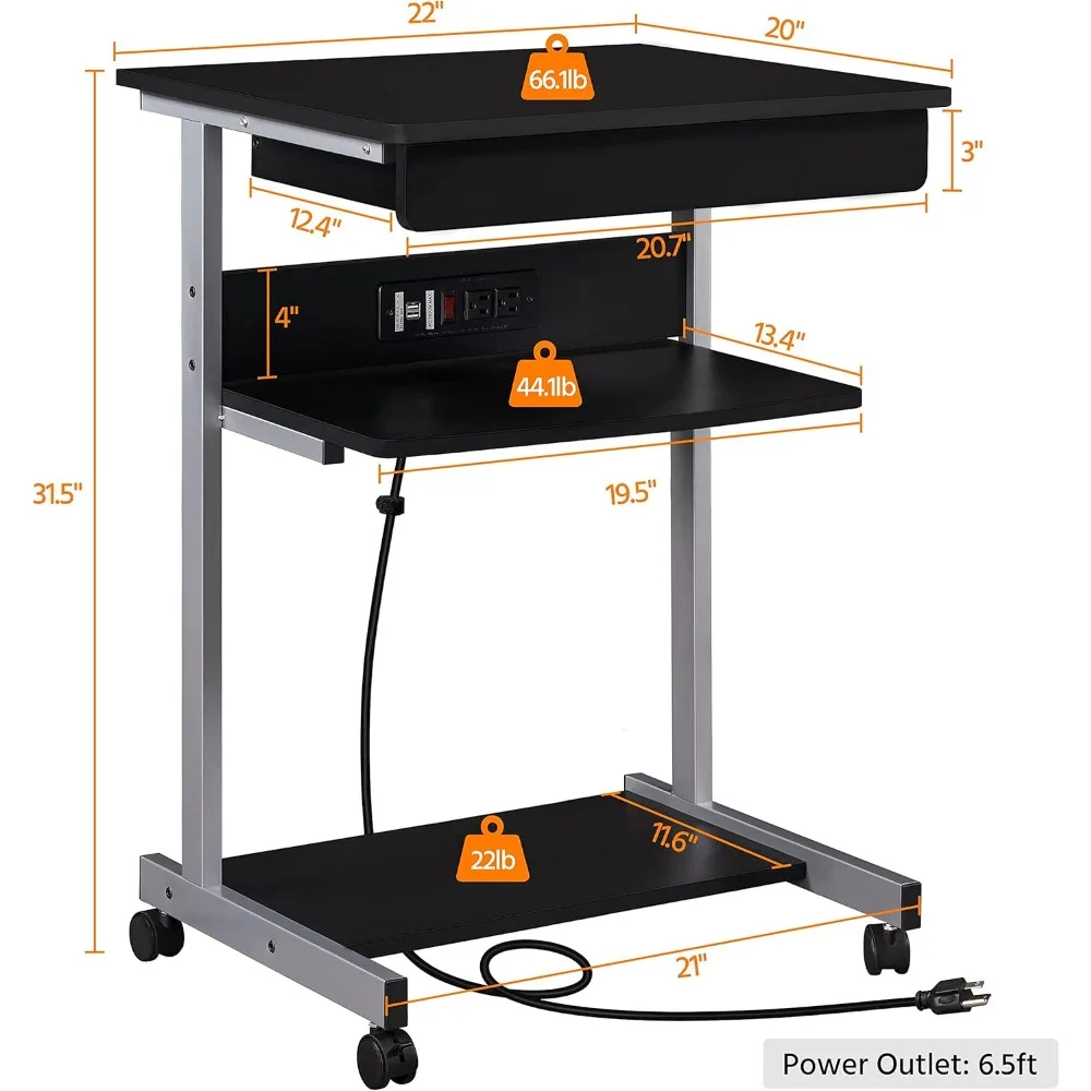 22 بوصة طاولة كمبيوتر محمول مكتب منزلي مع مخرج طاقة للمساحة الصغيرة، محطة عمل زاوية مدمجة متنقلة مع