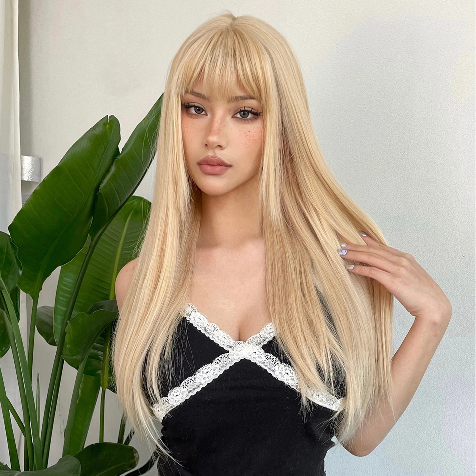 Blonde Platinum Golden Synthetic Wigs With Bang Straight Long Natural Hair Wig for Women Hime Cut Cosplay Daily Heat Resistant
