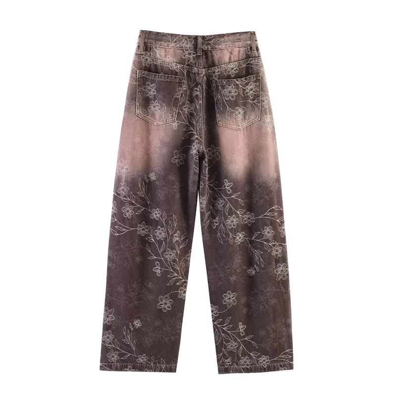 Withered 2026 New Vintage Style Simple And Non Elastic Jacquard Coffee Color Shiny Silver Curved Knife Pants  Denim Pants Woman