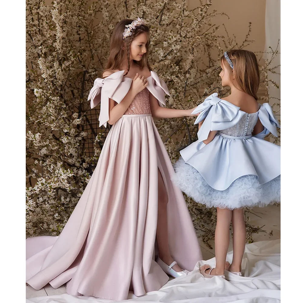 Requintado miçangas lantejoulas mini vestidos da menina moda o-pescoço plissado vestidos de baile com arco chique pageant festa de casamento crianças vestidos