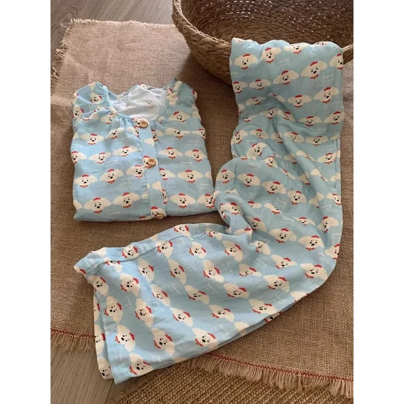 Pijama de manga comprida com estampa de cachorrinho fofo primavera e outono calças cardigã soltas femininas para uso doméstico conjunto plus size pode ser usado ou...