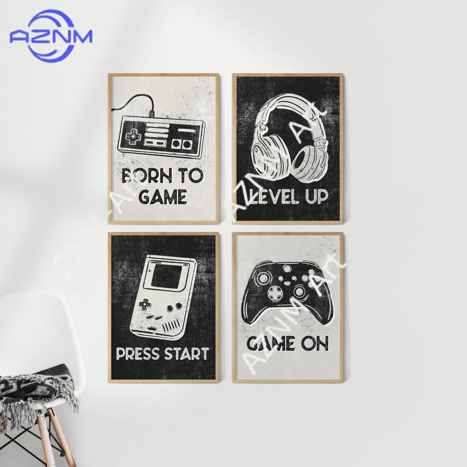 1PC ，Black-and-white game console headset game console e-sports room game room bedroom poster canvas decor picture frameless view 5