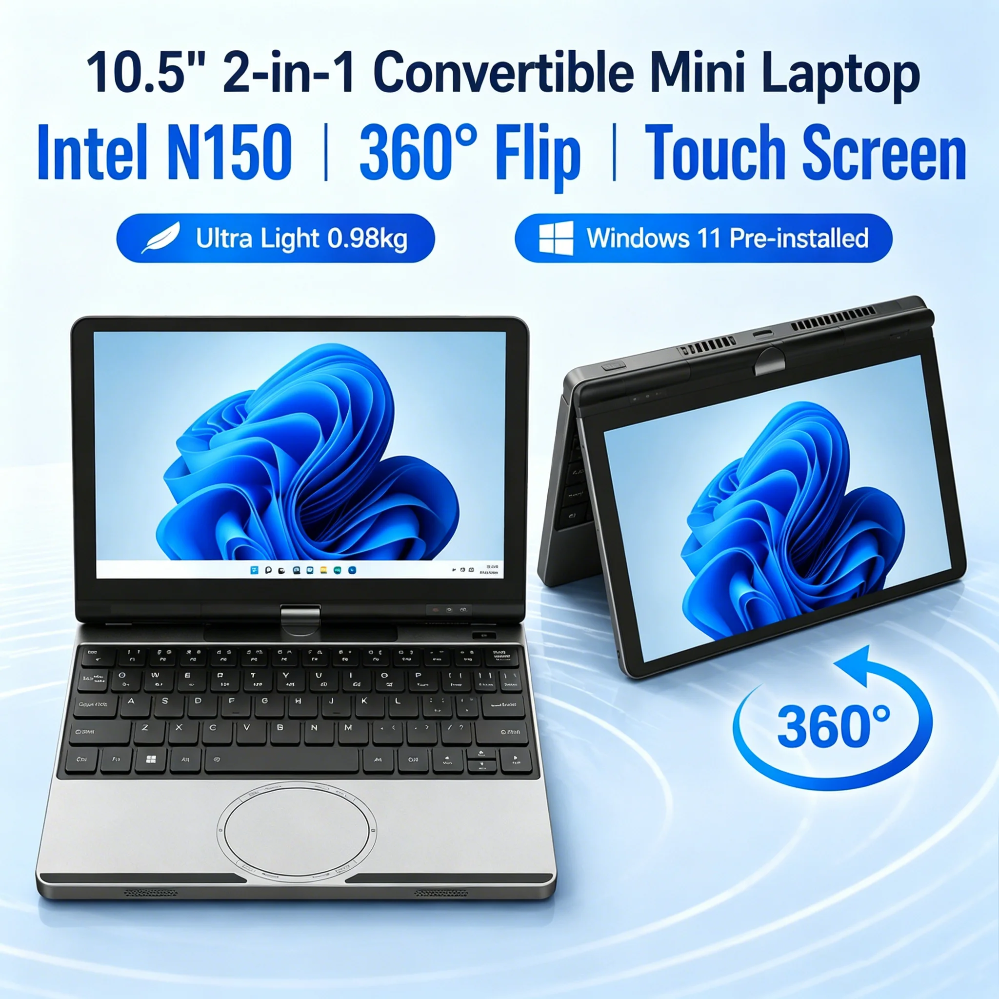 10.5 2-in-1 Touch Screen Laptop 360° Rotatable Intel N150 DDR4 NVMe SSD Win11 Ultra Light Handheld Game Console Student Notebook