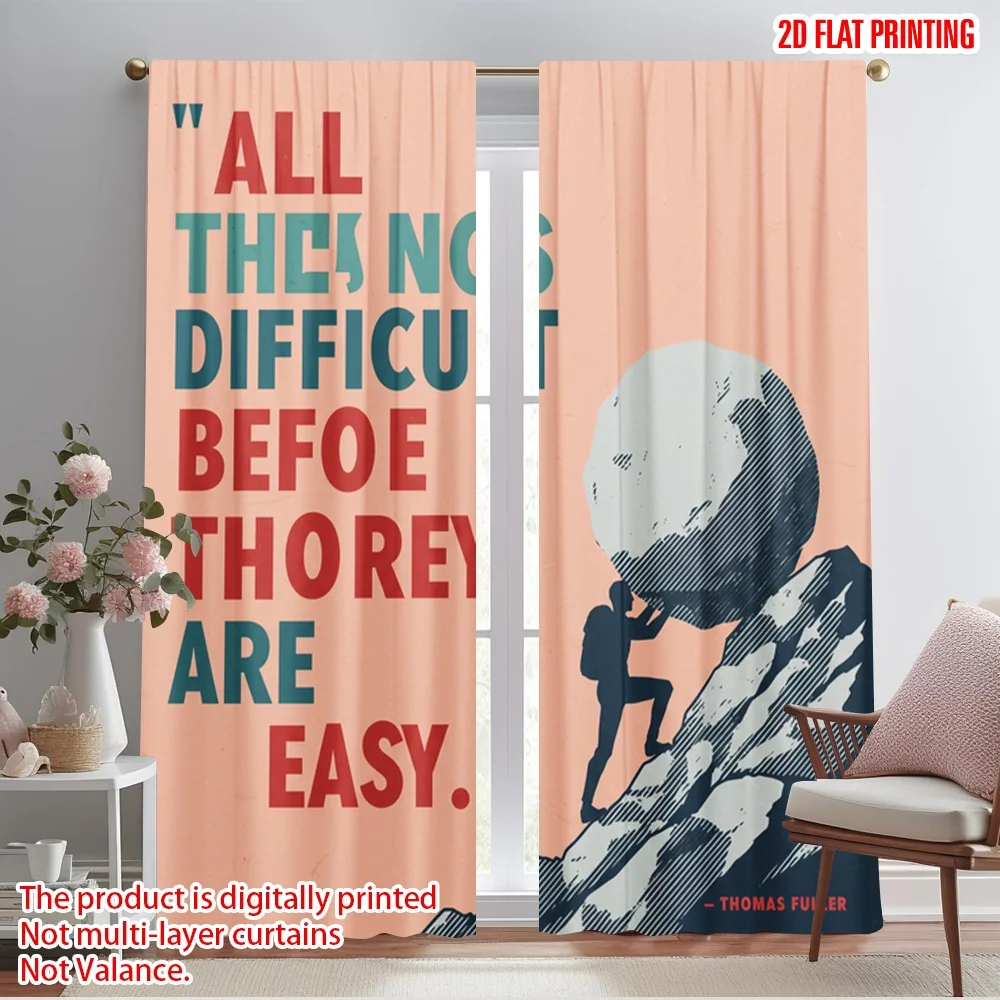 

2pcs 2D flat printing Window Curtains Difficult Easy Struggle Mountain Polyester Without Electricity Seasonal Party & Holiday