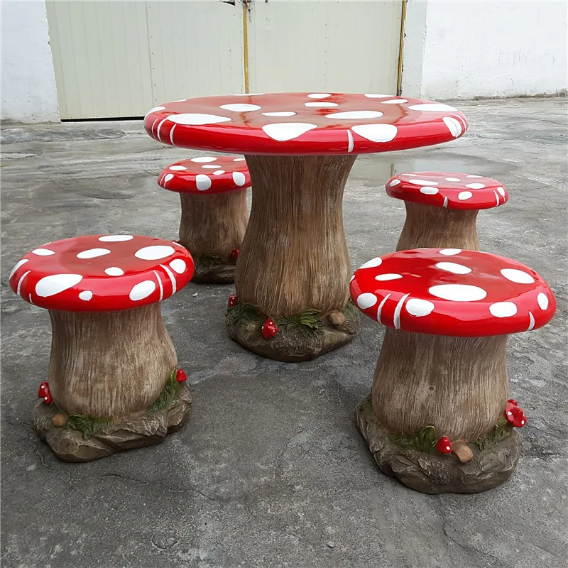 Hot Sale Custom Outdoor Ornamental Landscape Sculpture Resin Fiberglass Mushroom Table And Chair Set For Garden Furniture