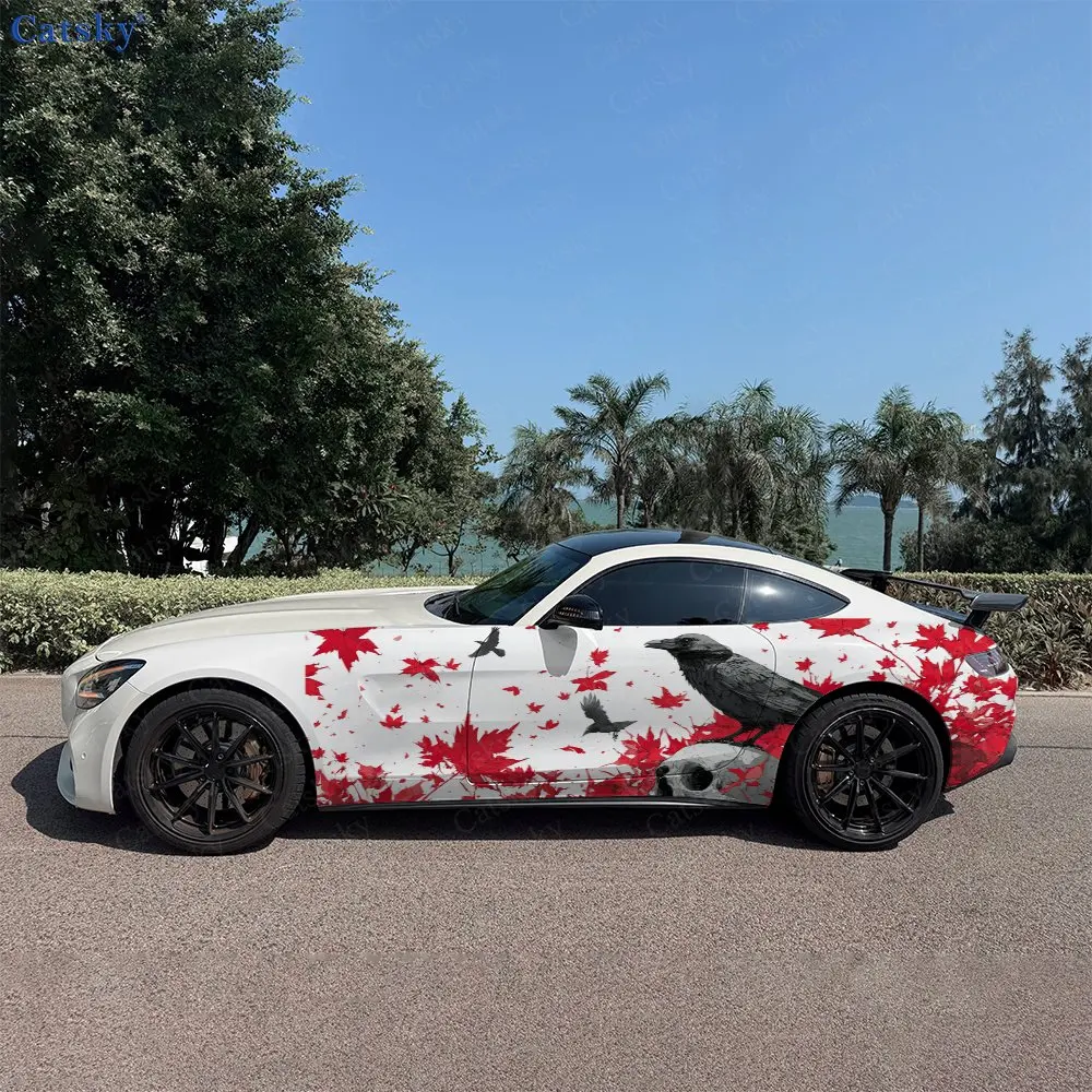 2pcs Gothic Red Leaf Skull & Raven Car Side Wraps, Self-Adhesive PVC Waterproof & Scratch-Resistant Stickers, Car Accessory Gift