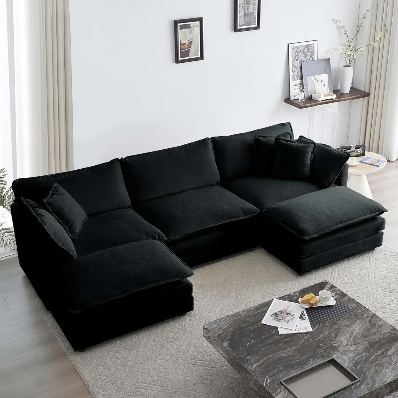 Sectional Sofa 3 Seater with Movable 2 Ottomans,Oversized Modular Couch Deep Seat,Black U-Shape