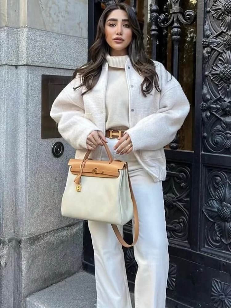 HH Fashion Women Solid Color Oversized Bomber Jacket Vintage Long Sleeve Pocket Single-Breasted Snap Button Female Chic Tops