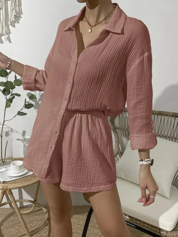 2024 Fashion Women Summer Suit Fashion Solid Color Cotton Long Sleeve Shirt Shorts Suit 2024 Casual Loose Shorts Two-piece Set