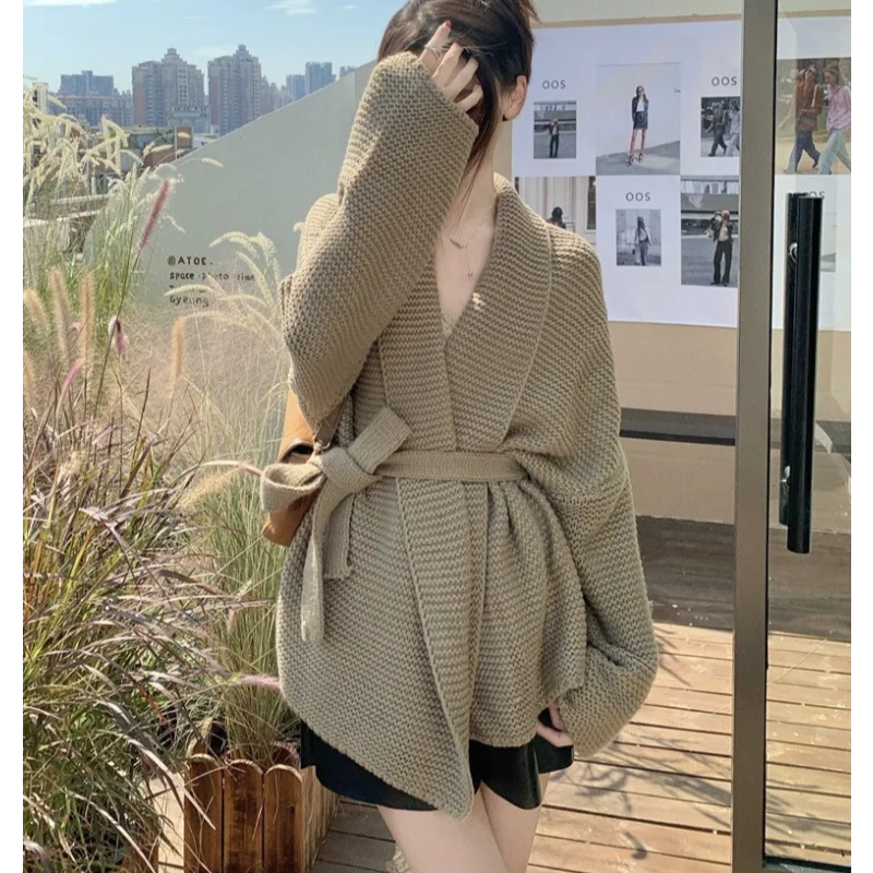 Knitted Cardigan Female Bathrobe Wind Aura Type Tie Fall and Winter Lazy Wind Sweater Jacket in Long Cardigan Loose