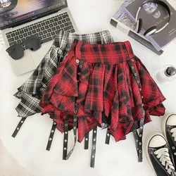 Red Plaid Puffy A-Line  Skirt Women's High Waist Asymmetrical Spring Summer New Design Retro Style Half-length Skirts