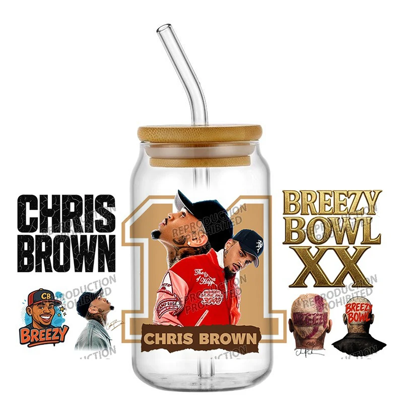 New Popular Singer Chris Brown Transfer 3D Sticker UV DTF For 16oz Libbey Glass Cup Collection Can Mug Wraps Tumbler Decals
