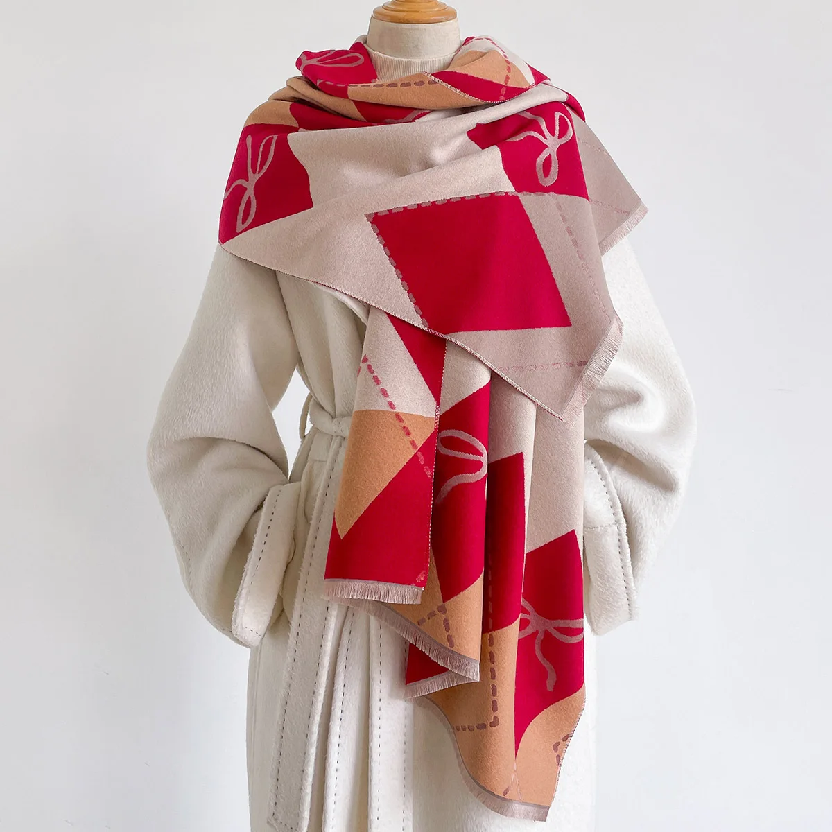 Women Imitation Cashmere Scarf Fringed Thick Warm Shawl Winter Print Scarf Reversible Christmas Pashmina Large Blanket Wrap