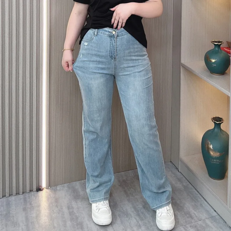 Zomer Slanke Jeans Voor Vrouwen Plus Size Hoge Taille Dunne Stretch Lyocell Denim Hole Casual Broek Met Rechte Pijpen