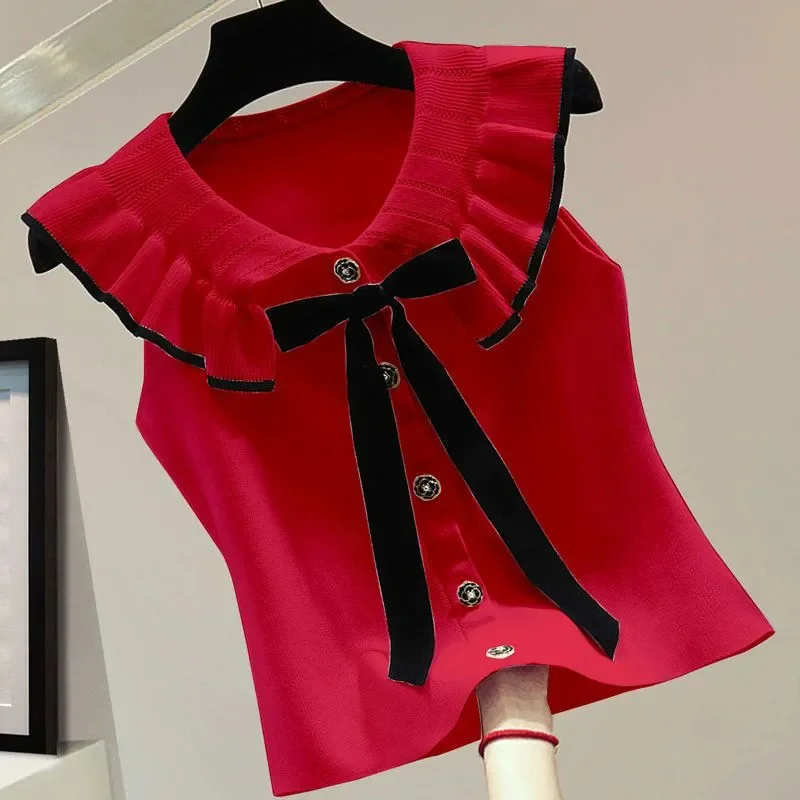Women's Peter Pan Collar Ruffle Bow Color Block Sleeveless T-shirt 2026 Summer  Slim Crop Top