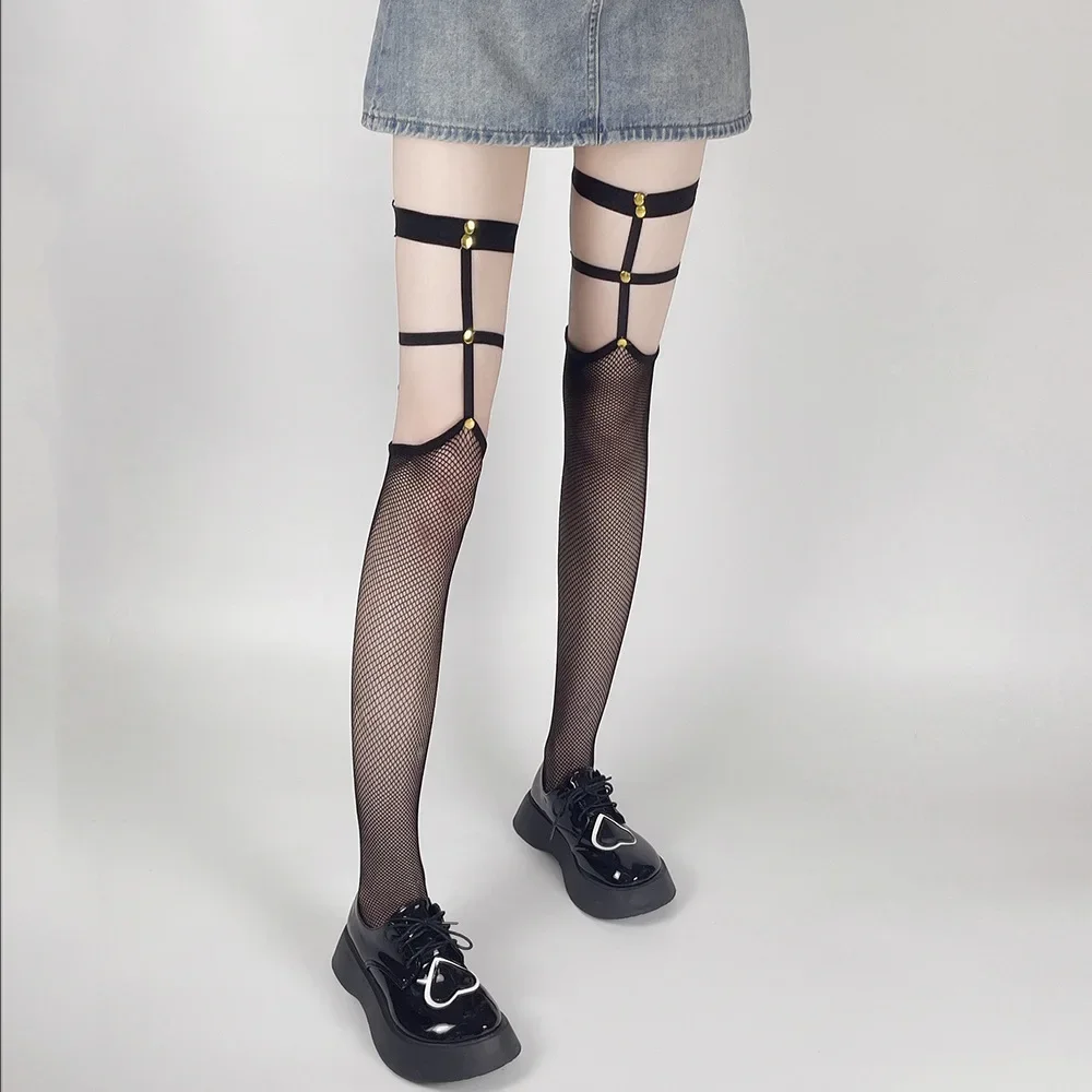 Bas longs en résille pour femmes, Sexy, cuissardes hautes, maille élastique, bretelles ajourées au-dessus du genou, chaussettes, jarretelles avec bas