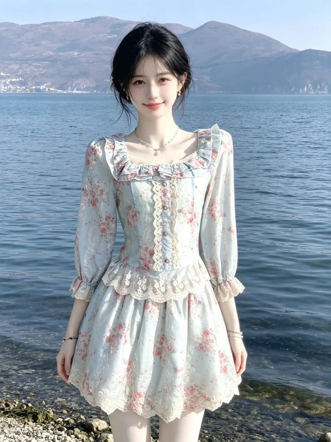 

Unique Beautiful Floral Print Top And Half Skirt Two-Piece Set Gentle Style Comfortable Summer Outfit for Young Women