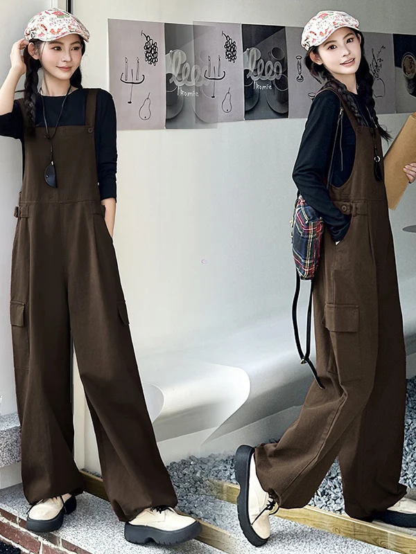 

Повседневные модные комбинезоны-брюки для женщин с высокой талией, длинные хлопковые рабочие брюки, весенняя новинка, большие карманы, эластичный низ