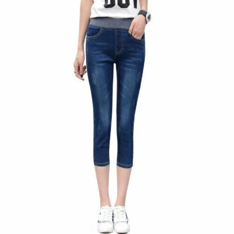 26-40 Denim Musim Panas Capri Peregangan Skinny Jeans Wanita Pinggang Tinggi Kasual Betis-Panjang Pensil Denim celana