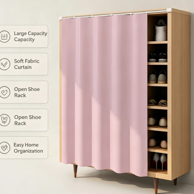 Pink Fabric Shoe Cabinet Cover Curtain Dustproof Storage Organizer Doorless Wardrobe Cloth Screen Home Decor