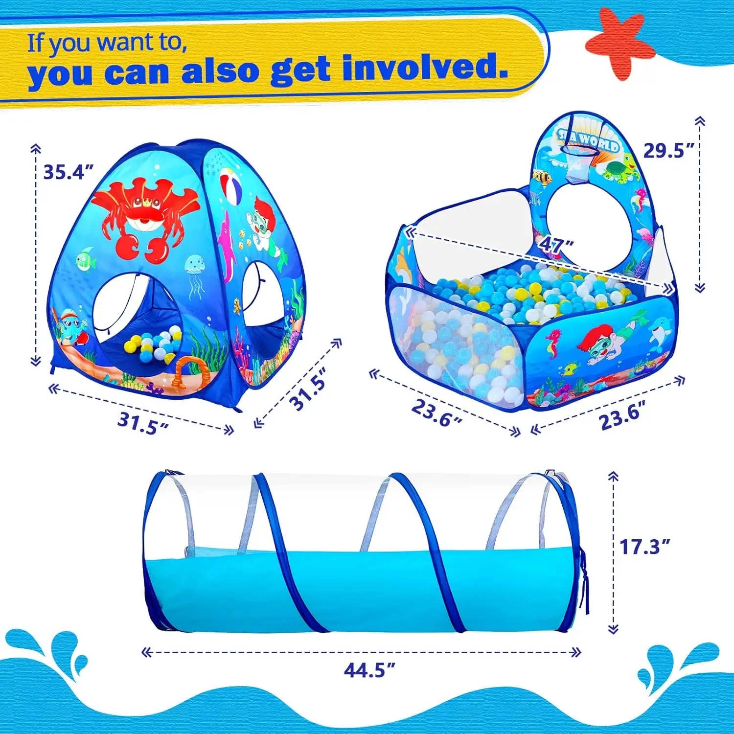 Poissons à balles pour enfants, 3 pièces, avec tente de jeu pour enfants, Tunnel pour bébés, maison de jeu intérieure/extérieure Pop-Up pour enfants, jouet pour garçons