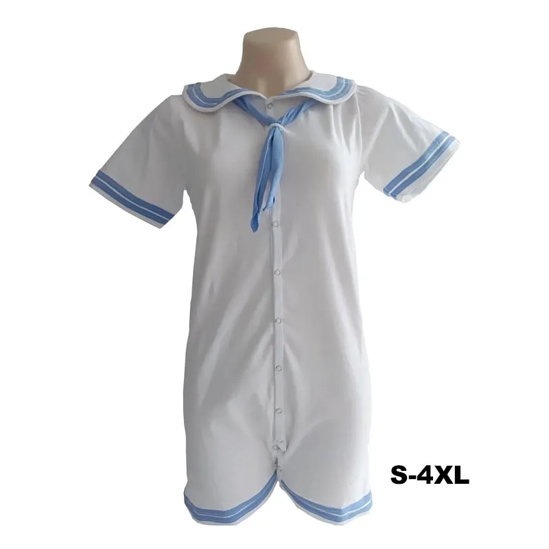 Witte Bule Sailor bodysuit volwassen baby romper met drukknopen zachte comfortabele onesie ABDL jumpsuit pyjama paar thuis speelpakjes