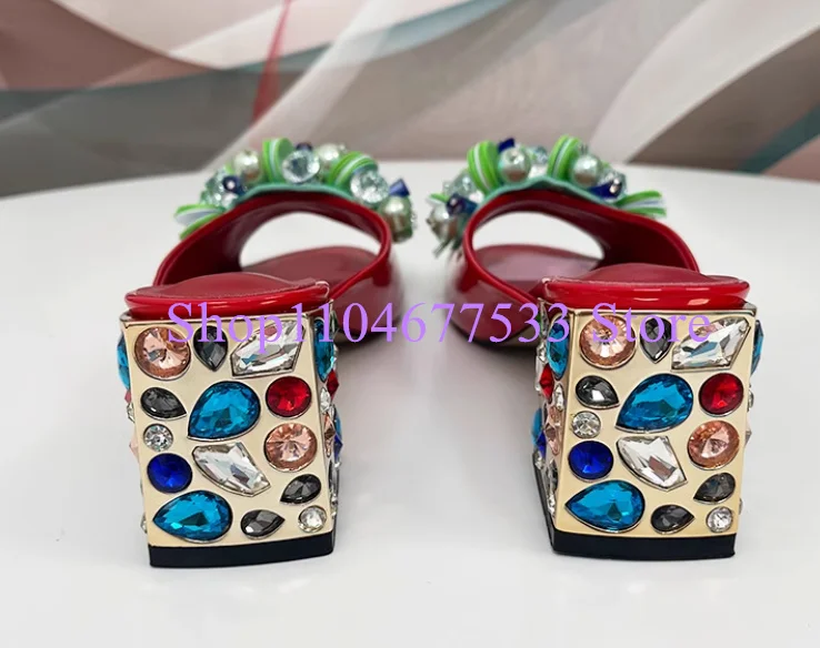 String Beads Crystal Chunky Heel Lady Sandals Fashion Design Slippers Rhinestone Woman Casual Sandals Female Popular Beach Shoes