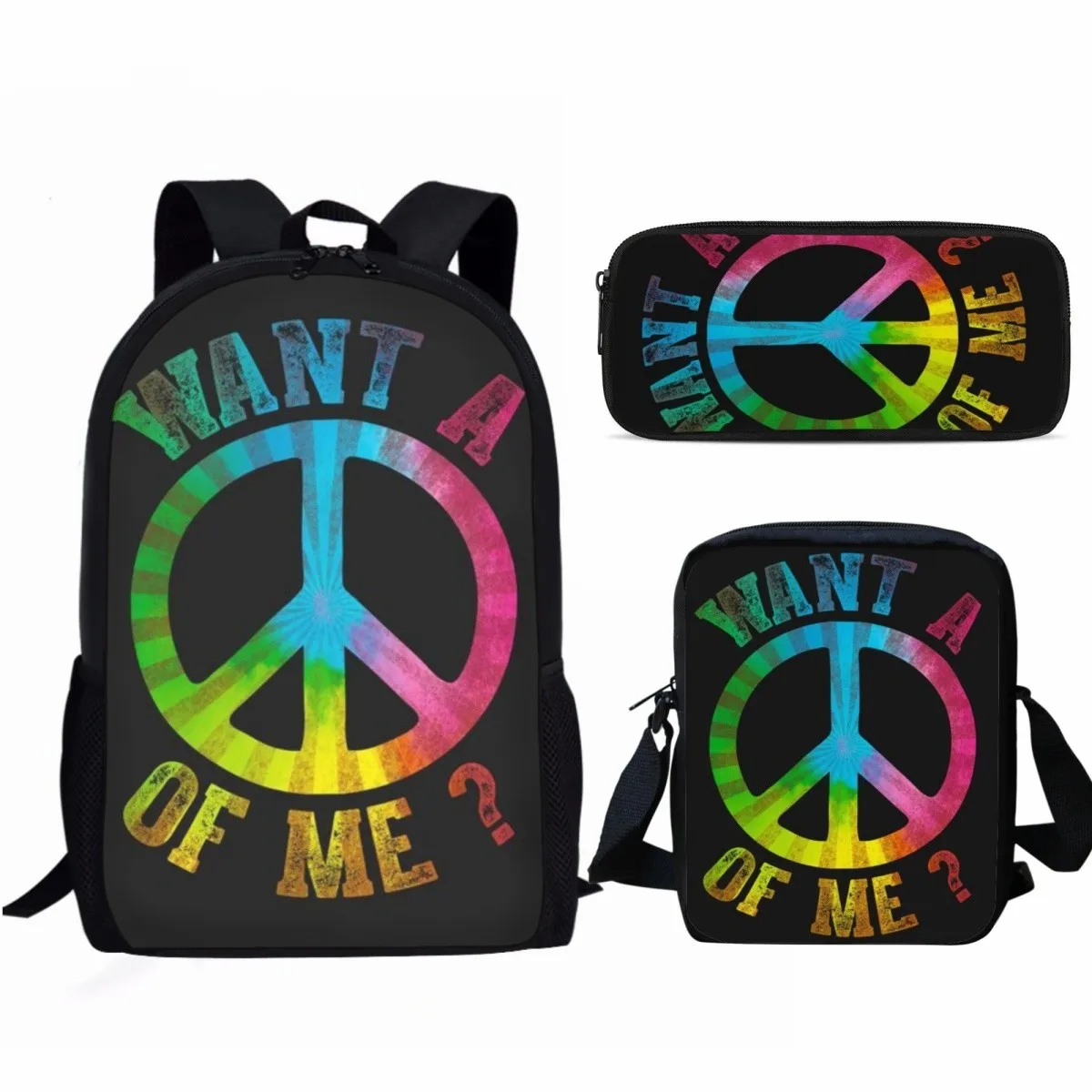 Patrón de paz y amor 3 unids/set bolso escolar para estudiantes con bolsa de almuerzo bolsa de lápices adolescente niñas niños mochila informal de viaje diario