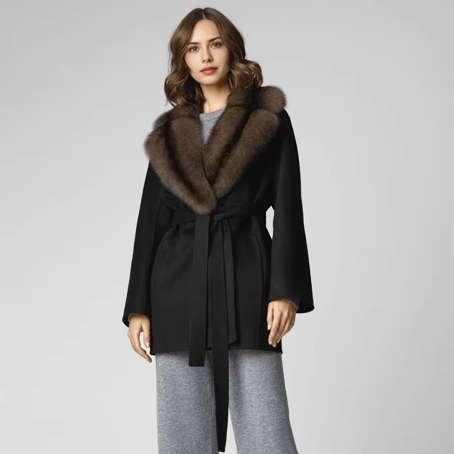 Cashmere Fur Coats For Women Natural Fox Fur Collar Warm Coat Women Winter Luxury High Quality Real Fur Jackets