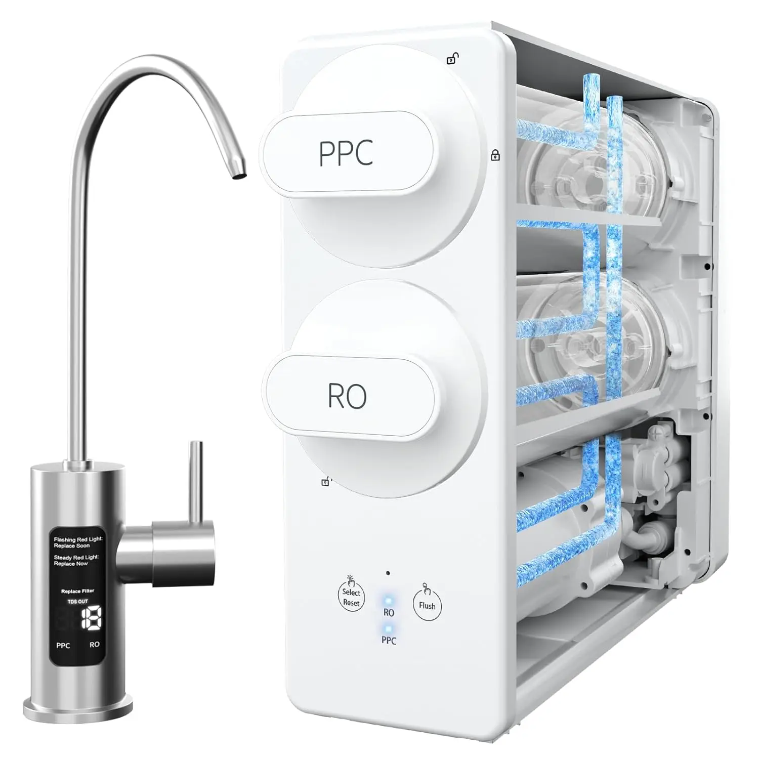 ระบบ Reverse Osmosis พร้อม Smart Faucet การลด TDS ที่ผ่านการรับรอง NSF, เครื่องกรองน้ํา Reverse Osmosis ไร้ถัง 7 ขั้นตอน