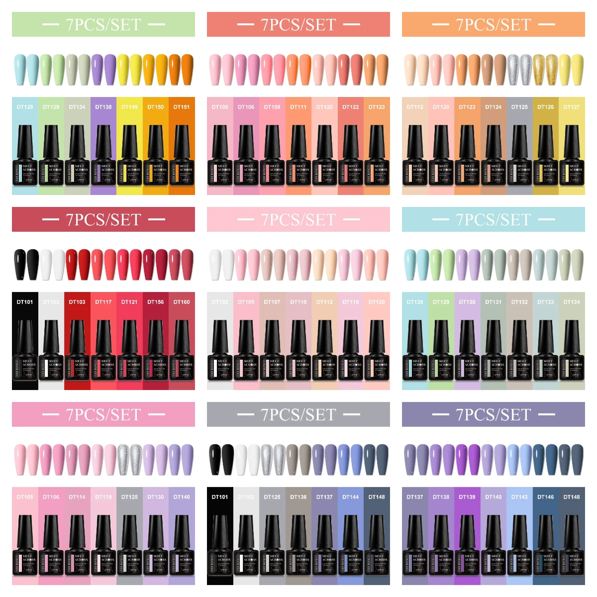 7pc MEET ACROSS Nail Gel Polish Set HEMA Free DIY Manicure Nail Art Supplies Varnishes Kit for All-Season Nails Design UV/LED