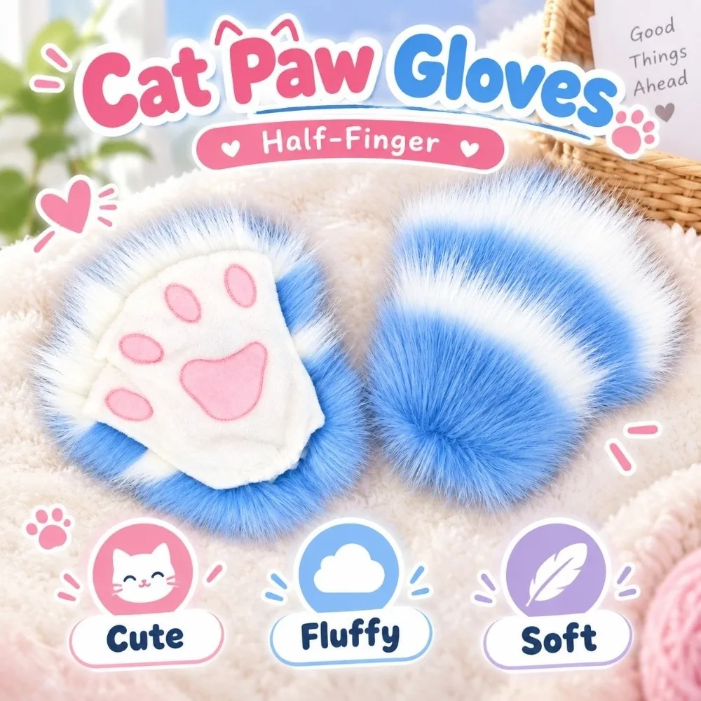 Lolita Cute Cat Paw Gloves Furry Fluffy Cosplay Gloves Soft Half-Finger Animal Paw Accessories Halloween