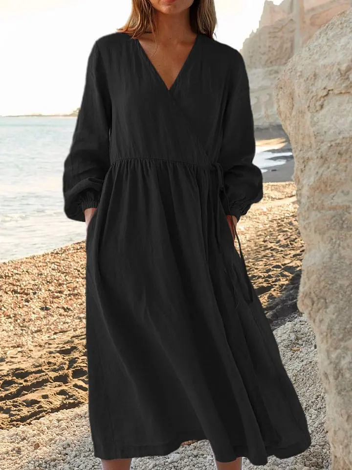 

Women's Elegant Long Sleeved V-neck High Waisted Cotton Linen Loose Solid Color Simple And Versatile Spring Summer A-line Dress