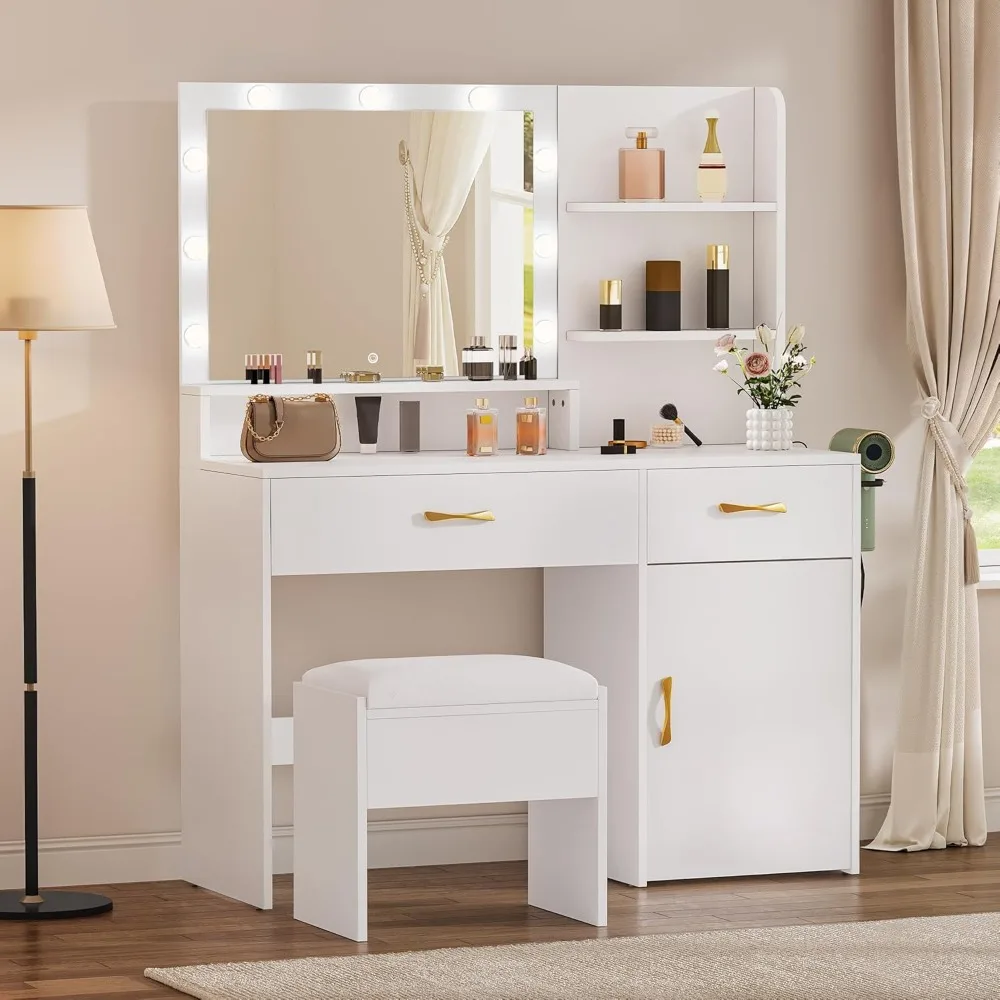 

Vanity Desk with Mirror, Makeup Vanity Set with Power Strip, 9 Dimmable Bulbs, Drawers, Cabinet, Shelves, and Stool, 3-
