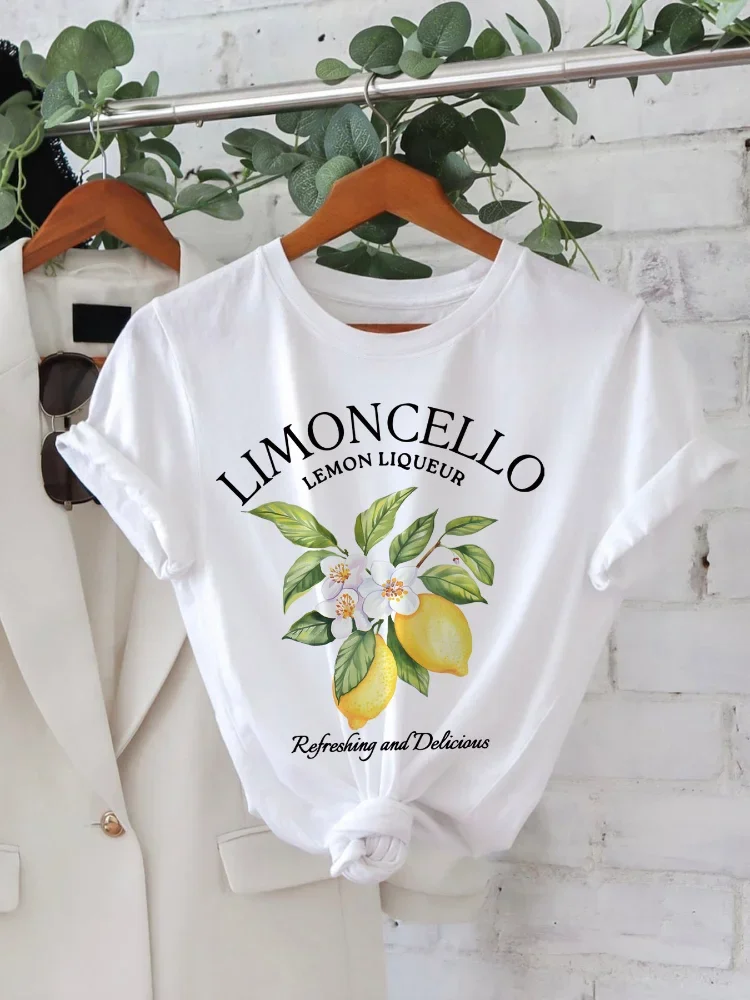 Lemon Letter Print T-shirt Short Sleeve Crew Neck Casual Top For Summer Women Kawaii Streetwear Graphic Tees Vintage Fruit Shirt