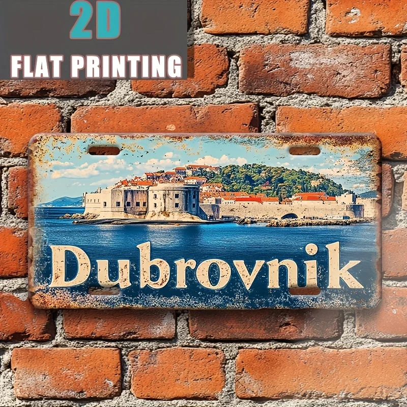 Letrero de metal 2D plano, 1 pieza, vintage Dubrovnik, 30,48 cm x 15,24 cm, decoración de pared de aluminio con diseño de la costa de Adriático y la ciudad vieja