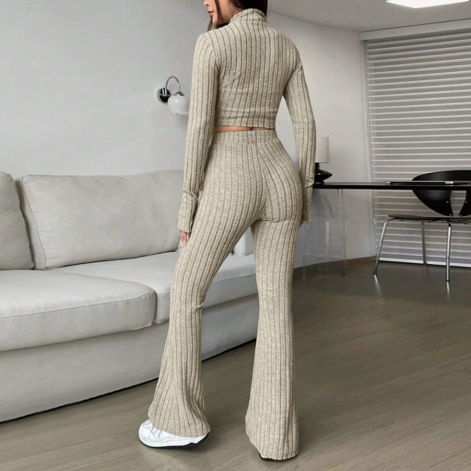 2024 Spring Knitted 2 Piece Sets Women Tracksuit Long Sleeve Vintage Sweater Crop Top Flare Pants Stretch Matching Suit Outfit