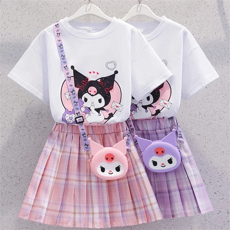 

Sanrio Kuromi Skirt Suit Summer Teen Girls Children Short-Sleeved Cartoon T-shirt Tops+Plaid Pleated Skirt 2Pce Set Preppy Dress