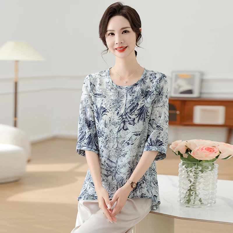 Fashion Vintage Printing Chiffon Shirt Summer Casual O-Neck Short Sleeve Retro Loose Pullovers Blouse Women's Clothing